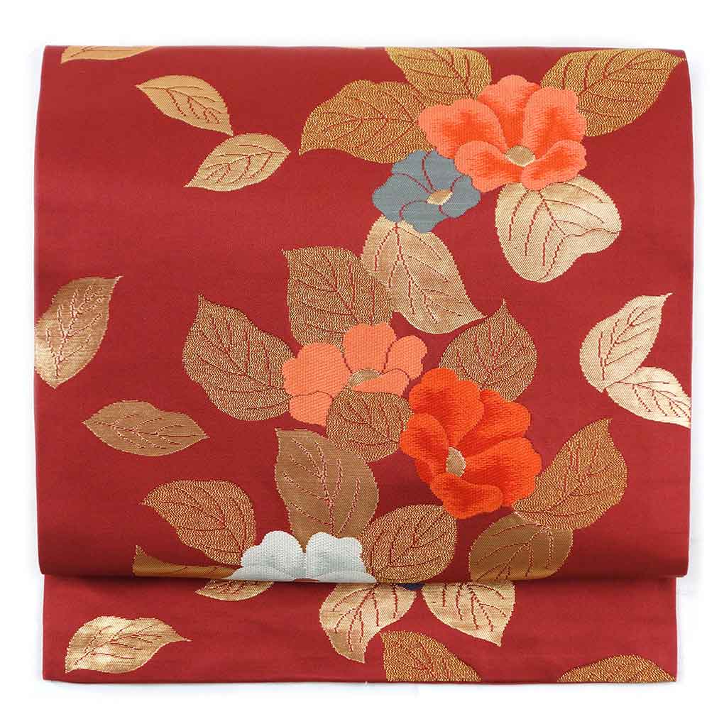 【中古】名古屋帯 リサイクル帯 幅30.5cm 長さ345cm レディース 花柄 秋冬春用 正絹（シルク）レッド 美品 リメイク リユース