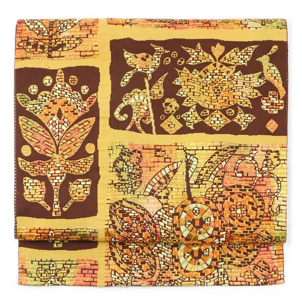 【中古】名古屋帯 リサイクル帯 幅30.5cm 長さ360cm レディース 抽象柄 秋冬春用 正絹（シルク）ブラウン 美品 リメイク リユース