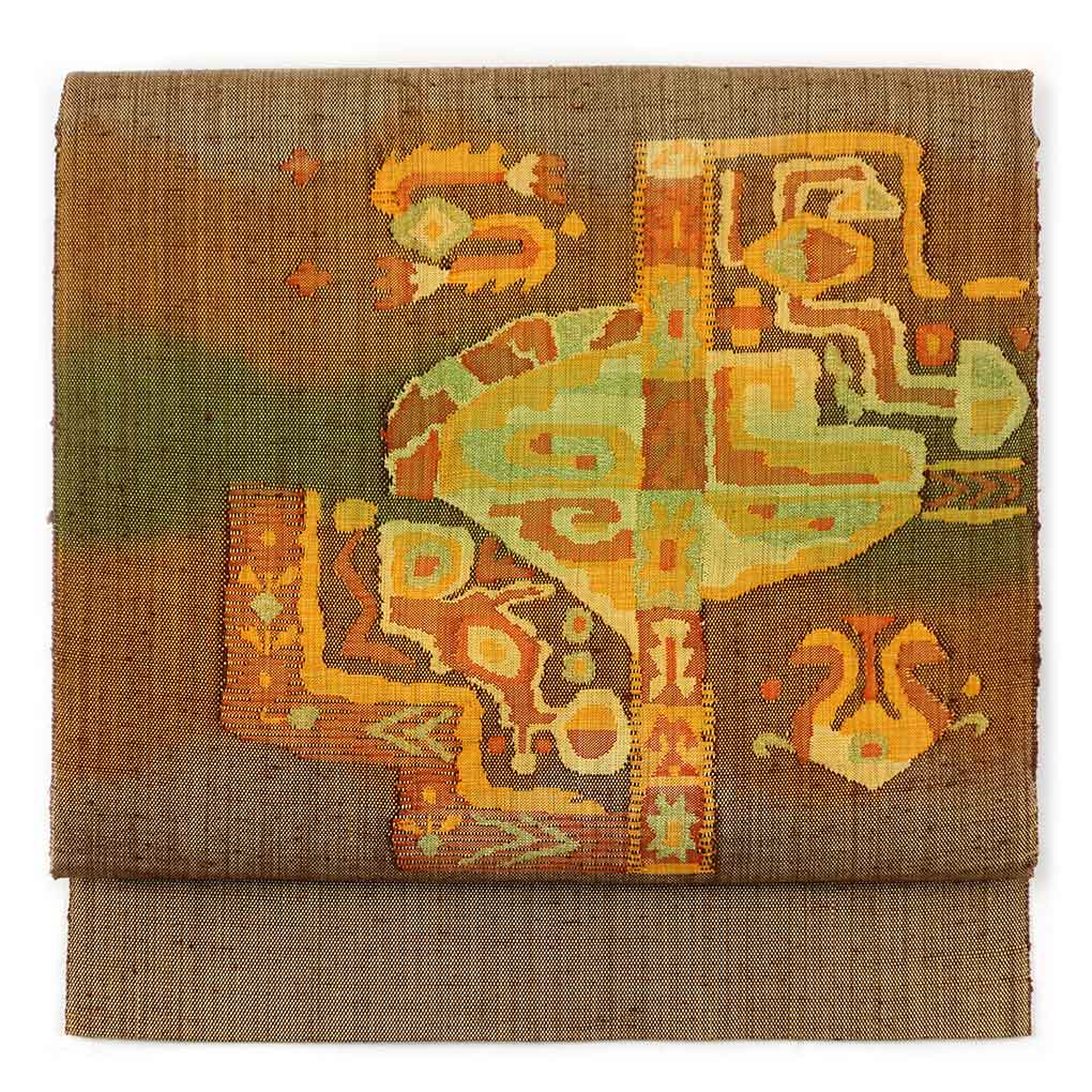 【中古】名古屋帯 リサイクル帯 幅30cm 長さ355cm レディース 抽象柄 秋冬春用 正絹（シルク）ブラウン 未使用品 リメイク リユース