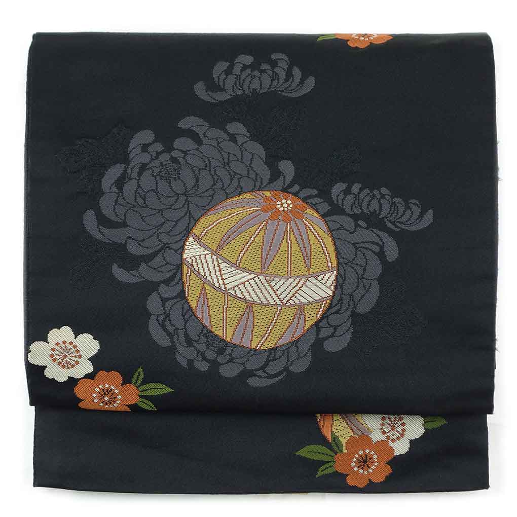 【中古】京袋帯 リサイクル帯 幅30.5cm 長さ393cm レディース 手毬 秋冬春用 ポリエステル ブラック やや難 リメイク リユース