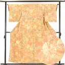 【中古】小紋 リサイクル着物 身丈158cm 裄63cm 前幅23cm 後幅28cm 袖丈48cm 正絹(シルク) レディース 袷仕立 秋冬春用 オレンジ地 裄...