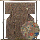 【中古】小紋 リサイクル着物 身丈159cm 裄65cm 前幅23cm 後幅30cm 袖丈50cm 正絹(シルク) レディース 袷仕立 秋冬春用 茶色 裄Mサイ...