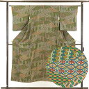 【中古】小紋 リサイクル着物 身丈150cm 裄63cm 前幅22.5cm 後幅28cm 袖丈51cm 正絹(シルク) レディース 袷仕立 秋冬春用 緑地 裄M...