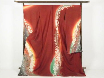 正絹逸品振袖フルセット/金通しワインレッドおぼろ絞りフルオーダー別誂え仕立振袖19点フルセット