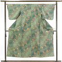 【中古】紬 リサイクル着物 身丈152cm 裄65cm 前幅24cm 後幅29.5cm 袖丈47cm 正絹(シルク) レディース 袷仕立 秋冬春用 緑地 裄Mサ...