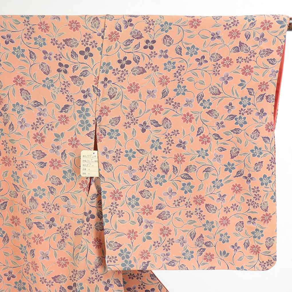 【中古】小紋 リサイクル着物 身丈155cm 裄63cm 前幅23.5cm 後幅28cm 袖丈47cm 正絹（シルク） レディース 袷仕立 秋冬春用 オレンジ地 裄Mサイズ 美品 リユース