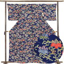 【中古】小紋 リサイクル着物 身丈162cm 裄66cm 前幅22.5cm 後幅28.5cm 袖丈47cm 袖幅34.5cm レディース 袷 花柄 裄長 裄M-Lサイズ 秋冬春用 正絹(シルク)紺地 やや難 リメイク リユース