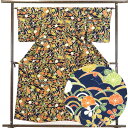 【中古】小紋 リサイクル着物 身丈155cm 裄64cm 前幅24cm 後幅30cm 袖丈48cm 正絹(シルク) レディース 袷仕立 秋冬春用 紺地 裄Mサイ...