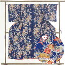 【中古】小紋 リサイクル着物 身丈150cm 裄64cm 前幅23.5cm 後幅29cm 袖丈49cm 正絹(シルク) レディース 袷仕立 秋冬春用 紺地 裄M...