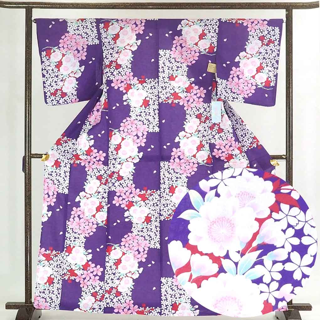 【中古】浴衣 リサイクル着物 身丈165cm 裄66cm 前幅24cm 後幅30.5cm 袖丈49cm 木綿 レディース 桜 夏用 紫地 裄Mサイズ トールサイ...