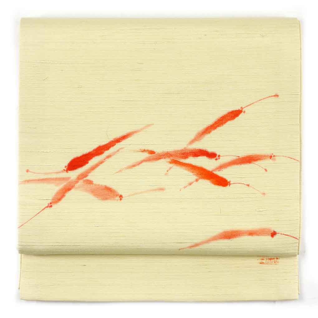 【中古】名古屋帯 リサイクル帯 幅30.5cm 長さ380cm レディース 唐辛子 秋冬春用 正絹（シルク）イエロ..