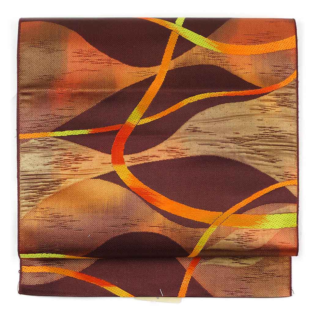 【中古】名古屋帯 リサイクル帯 幅30.5cm 長さ350cm レディース 連続模様 秋冬春用 正絹（シルク）ブラウン 未使用品 リメイク リユース