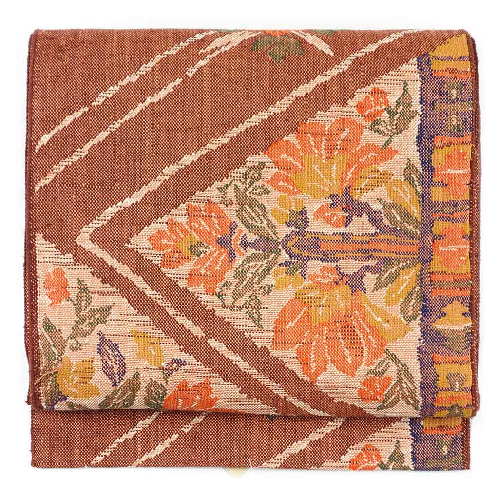 【中古】名古屋帯 リサイクル帯 幅31cm 長さ341cm レディース 花柄 秋冬春用 正絹（シルク）ブラウン 美品 リメイク リユース