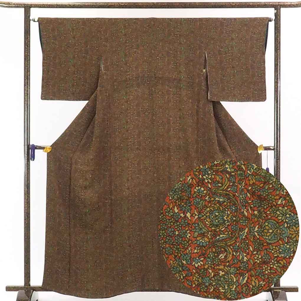 【中古】小紋 リサイクル着物 身丈162cm 裄65cm 前幅25cm 後幅28cm 袖丈49cm 正絹（シルク） レディース 袷仕立 秋冬春用 茶色 裄Mサイズ 美品 リユース