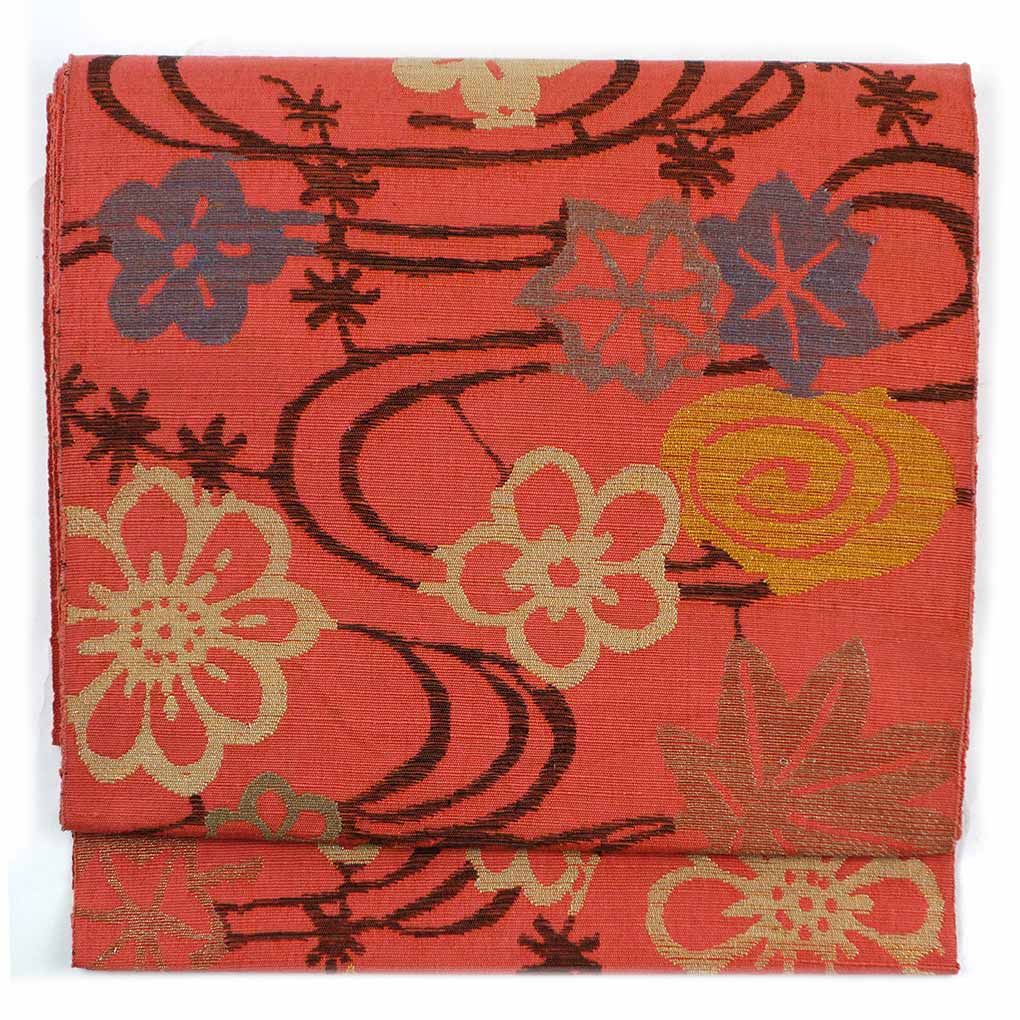 【中古】名古屋帯 リサイクル帯 幅30cm 長さ338cm レディース 流水 秋冬春用 正絹（シルク）ピンク 美品 リメイク リユース