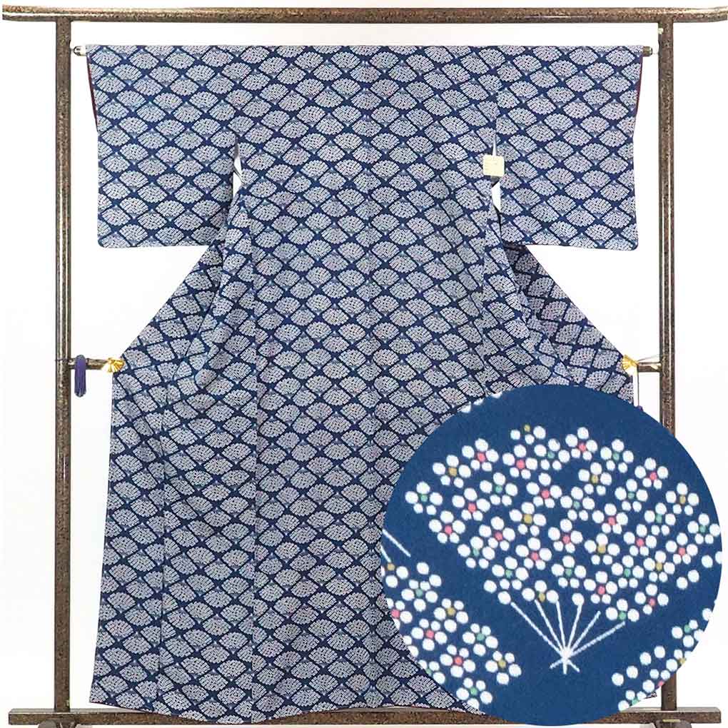 【中古】小紋 リサイクル着物 身丈160cm 裄65cm 前幅23cm 後幅30cm 袖丈49cm 正絹(シルク) レディース 袷仕立 秋冬春用 紺地 裄Mサイズ トールサイズ 未使用品 リユース