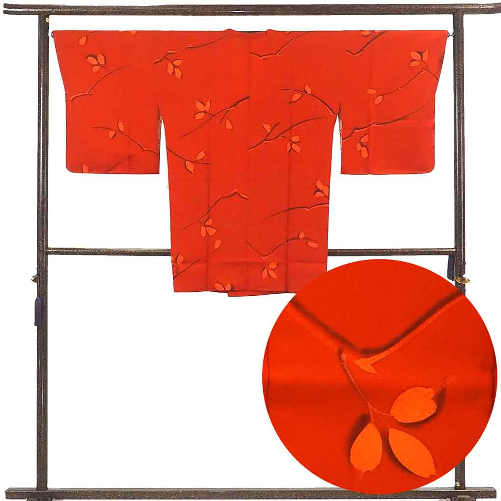 【中古】コート 着物 コート丈89cm 裄66.5cm 袖丈49.5cm 袖幅33.5cm レディース 袷 木の葉 裄長 裄M-Lサイズ 秋冬春用 正絹(シルク) オレンジ 未使用品 リメイク リユース