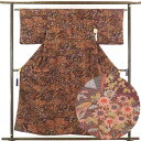 【中古】小紋 リサイクル着物 身丈156cm 裄62cm 前幅23.5cm 後幅28cm 袖丈45cm 正絹(シルク) レディース 袷仕立 秋冬春用 茶色 裄S...