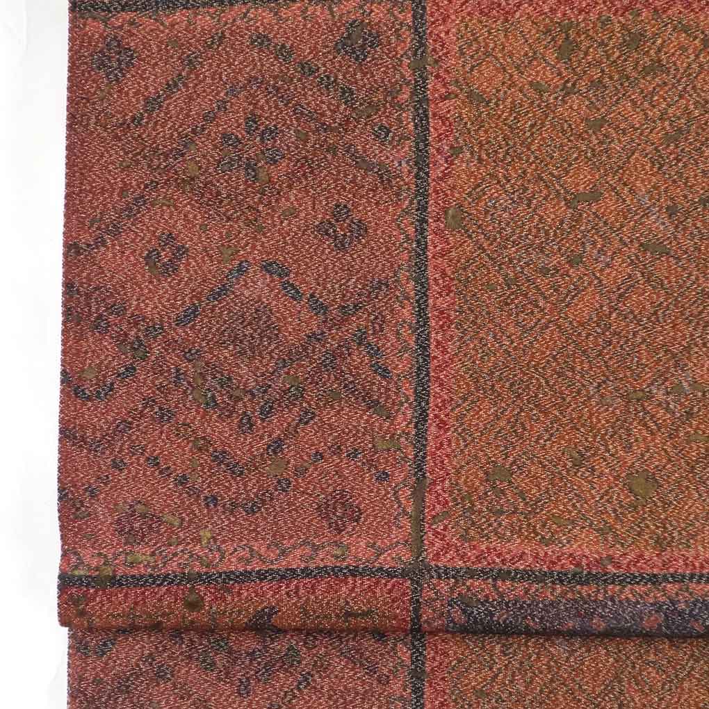 【中古】袋帯 リサイクル帯 幅31cm 長さ437cm レディース 連続模様 秋冬春用 正絹（シルク）ブラウン 未使用品 リメイク リユース