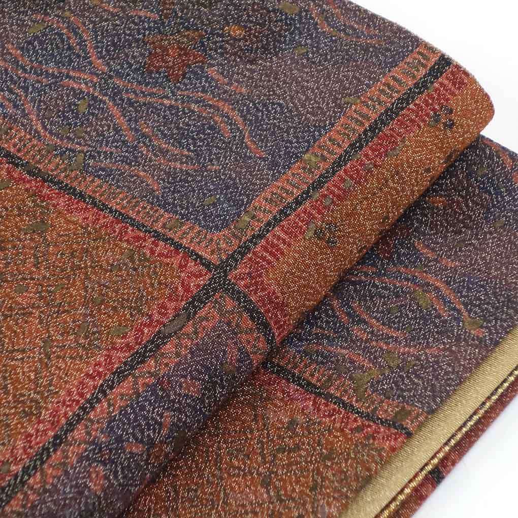 【中古】袋帯 リサイクル帯 幅31cm 長さ437cm レディース 連続模様 秋冬春用 正絹（シルク）ブラウン 未使用品 リメイク リユース