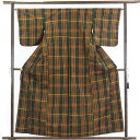 【中古】紬 リサイクル着物 身丈162cm 裄64cm 前幅24cm 後幅29.5cm 袖丈49cm 正絹(シルク) レディース 袷仕立 格子 秋冬春用 緑地 ...