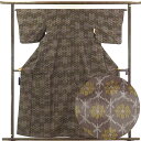 【中古】紬 リサイクル着物 身丈160cm 裄64cm 前幅24cm 後幅29cm 袖丈45cm 正絹(シルク) レディース 袷仕立 秋冬春用 グレー地 裄Mサ...