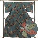 【中古】紬 リサイクル着物 身丈164cm 裄65cm 前幅24.5cm 後幅30cm 袖丈49cm 正絹(シルク) レディース 袷仕立 秋冬春用 緑地 裄Mサ...