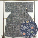 【中古】小紋 リサイクル着物 身丈165cm 裄66cm 前幅28cm 後幅30cm 袖丈48cm 正絹(シルク) レディース 袷仕立 秋冬春用 紺地 裄Mサイ...