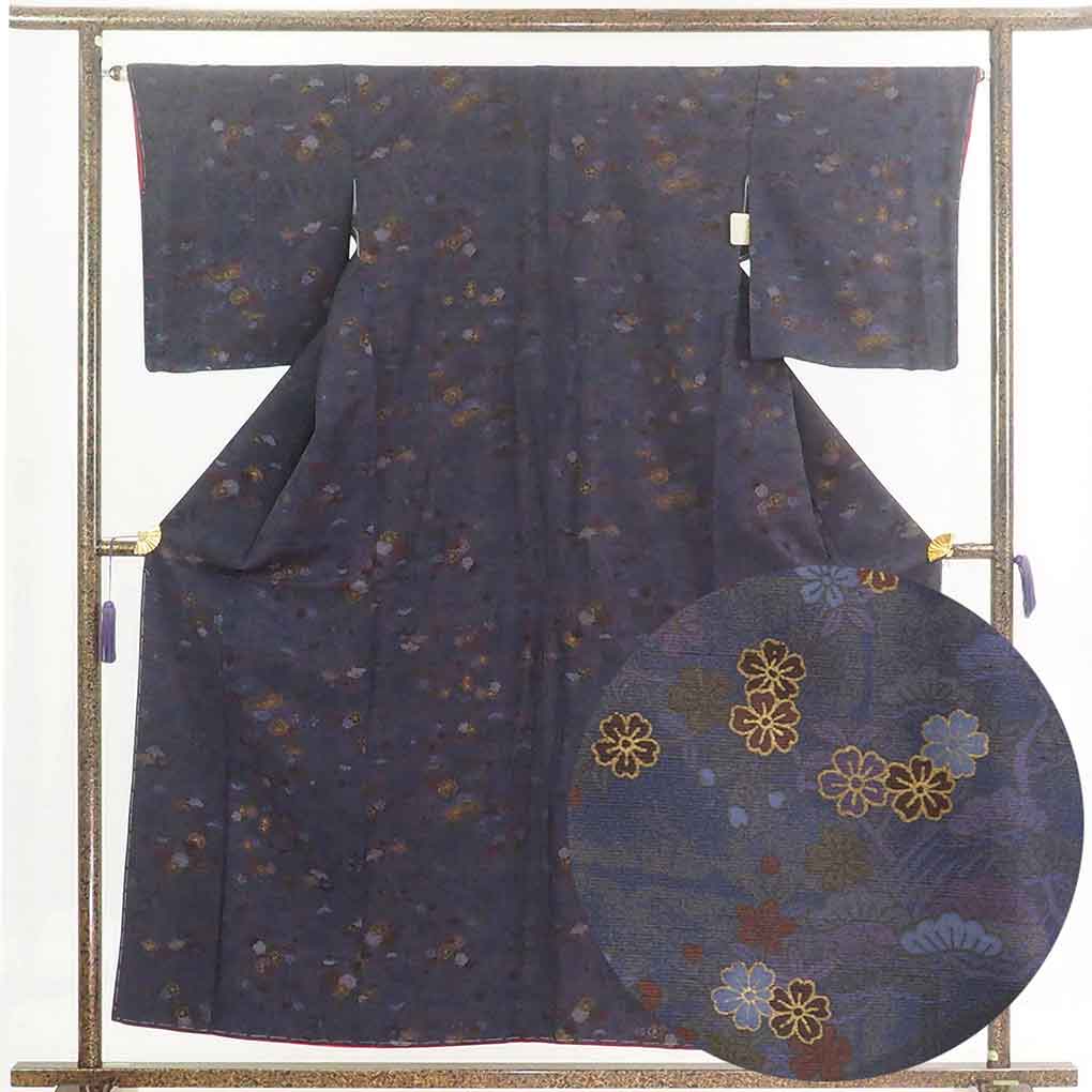 紬 リサイクル着物 身丈155cm 裄65cm 前幅23cm 後幅28cm 袖丈49cm 正絹（シルク） レディース 袷仕立 秋冬春用 紺地 裄Mサイズ 未使用品 リユース【中古】