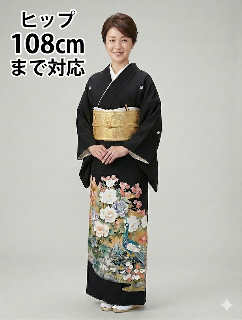 草履バックアップグレード+2,000円ローブデコルテ調の草履バッグセットアップグレード+4,800円※価格はご注文後に訂正させて頂きます。&nbsp;結婚式キャンペーン商品【往復往復 送料無料】☆★☆ご自宅・ホテル等　国内でしたらどこにでもお届けいたします★☆★トールワイドサイズ 29,800円留袖17点セット（留袖・袋帯・長襦袢・帯締め・帯揚げ・草履・バッグ・肌襦袢・裾除け・腰紐5本・前板・帯枕・衿しん・伊達締め2本（マジックベルト）・扇子・コーリンベルト）さらに、往復往復 送料無料とさせていただきます。《複数口割引》2点以上お申し込みいただくと、1000円×個数を割引◆同一ご利用日に限ります。お届け先は別々でも割引対象となります。備考欄に、追加注文とお書き添え下さい。割引価格に変更させていただきます。商品説明★ゆったりサイズ（17号位まで）★身丈肩裄袖丈前幅後幅175cm70cm49cm27cm31cmサイズ；トールワイドサイズ・・・身長153cmより177cm位に対応ヒップ105cm位までの方に、ギリギリ108cm（17号）位まで■着物のサイズについて詳しくお知りになりたい方は「きもの庄司」（庄司呉服店）まで電話かメールにてお問い合せ下さい。□大阪・神戸・京都はもとより、北は北海道から東北・東京・神奈川・千葉・埼玉・静岡・名古屋・福岡・沖縄まで日本全国どこへでも、往復往復 送料無料で、お届けさせていただきます。ご予約状況 R08年01月11日前後ご予約済(O様) R08年02月01日前後ご予約済(K様) ■ご予約日、前後6日間は、発送の都合上ご利用頂くことができません。■ 表地：高級留袖正絹100％■ 裏地：比翼仕立合成繊維※着付けに必要なタオルのみ、ご準備ください。【紋は五三の桐です】★キャンセル料★☆　☆★支払い方法★rtc〔黒留袖レンタル〕〔留袖レンタル〕〔往復往復 送料無料〕〔着物レンタル〕rt229：金彩に孔雀〔結婚式〕〔貸衣装〕留袖フルセット前から見た着付け姿です柄のアップです後ろから見た裾部分です◇帯の柄は、季節・年令によって、あわさせていただきます◇□ 留袖セット内容 □留袖・袋帯・長襦袢・帯締め・帯揚げ・草履・バッグ・肌襦袢・裾除け・腰紐5本・前板・帯枕・衿しん・伊達締め2本（マジックベルト）・扇子・コーリンベルト
