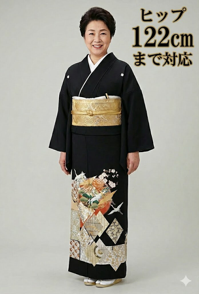 Rakuten - 【留袖】レンタル 23号 H122cm迄 黒留袖 フルセットレンタル 往復送料無料 2L 3L 4L 15号 17号 19号 21号 23号 大きいサイズ ワイドサイズ ゆったりサイズ 留袖レンタル 貸衣装 正絹 大きな留袖 結婚式 高級品 母親 服装トメソデ トメソデ 黒トメソデ rental【rt235】