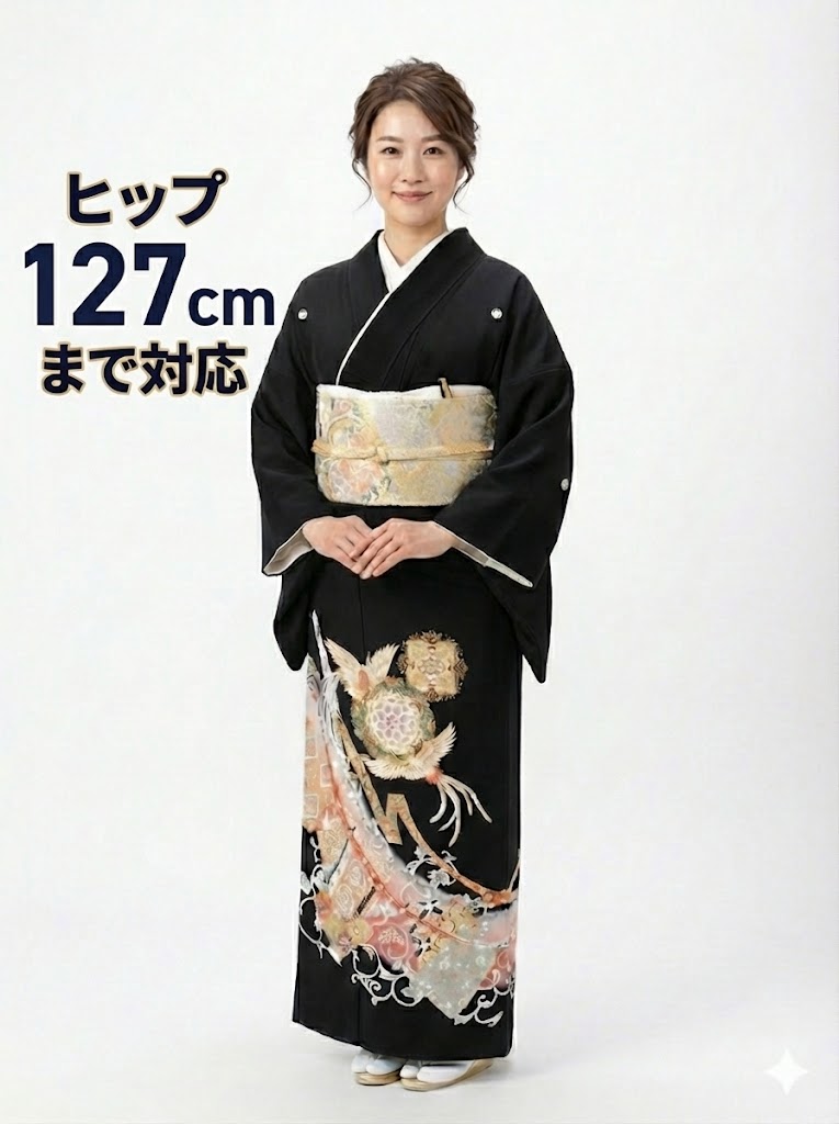 【留袖】レンタル 27号 H127cm迄 黒留袖 フルセットレンタル 往復送料無料 3L 4L 5L 19号 21号 23号 25号 27号 大きいサイズ ワイドサイズ ゆったりサイズ 留袖レンタル 貸衣装 正絹 大きな留袖 結婚式 高級品 母親 服装トメソデ トメソデ 黒トメソデ rental【rt255】