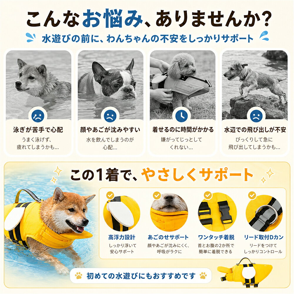 犬用ライフジャケット 犬 救命胴衣 ペットライフジャケット XS〜2XL 小型犬 中型犬 大型犬対応 水遊び 海 川 プール用 あごのせ 高浮力 背面ハンドル リード取付Dカン 反射テープ 調節可能 簡単着脱 かわいいハチさんデザイン 2