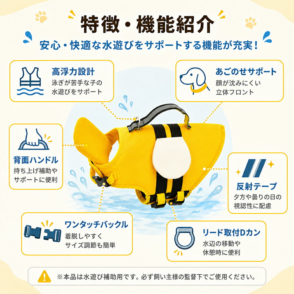 犬用ライフジャケット 犬 救命胴衣 ペットライフジャケット XS〜2XL 小型犬 中型犬 大型犬対応 水遊び 海 川 プール用 あごのせ 高浮力 背面ハンドル リード取付Dカン 反射テープ 調節可能 簡単着脱 かわいいハチさんデザイン 3