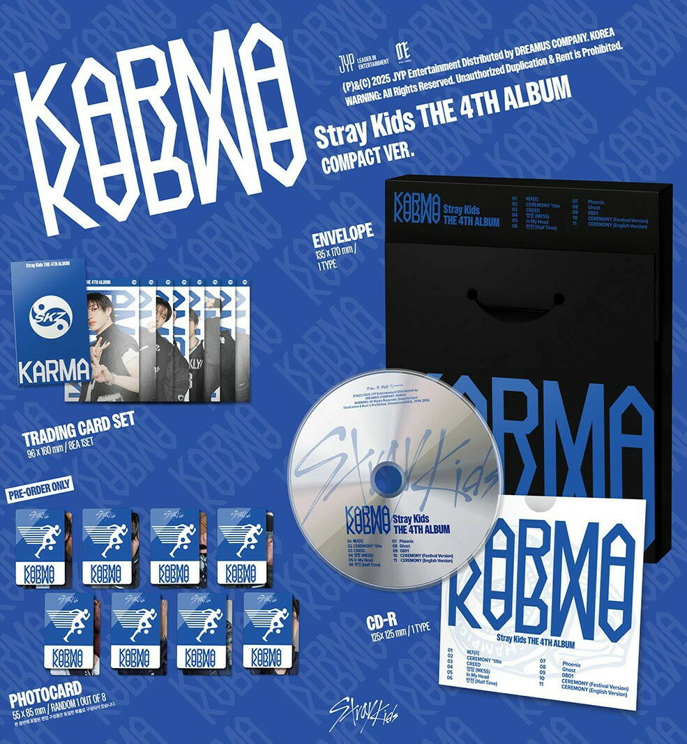●商品名：限定版 Stray Kids ストレイキッズ KARMA VER ●製造国：韓国 ●商品構成：【Stray Kids ストレイキッズ】 【KARMA】 KARMA VER. 限定盤 【韓国版】 ※パッケージについて留意点 当店商品は海外工場で制作しており、商品に問題はありませんが、パッケージに多少の傷や汚れがある場合がございます。 恐れ入りますが、商品自体には問題がございませんので交換対象とはなりませんのでご了承お願いいたします。 また、発送時に衝撃緩衝材などで最大限傷などつかないように商品を梱包しておりますので、配送中にできたパッケージの傷などにつきましても同様、商品自体には問題ございませんので交換対象とはなりませんのでご了承お願いいたします。 商品が不良品である場合には、返品対応期間内であればご対応致しますので、 お手数おかけいたしますがお問い合わせフォームにてご連絡をお願い致します。 ※ご覧になる環境（PCのモニターやスマートフォンの画面等）の影響により、色合いが異なって見える場合がございます。 ※鍵の種類によって対応しない場合がございます。 上記内容での返品・交換につきましては、お客様都合での返品・交換対応となりますのでご了承お願い致します。 万が一、気懸りな点がございましたら購入前にお問い合わせください。●商品名：限定版 Stray Kids ストレイキッズ KARMA VER ・ ENVELOPE ・ TRADING CARD SET ・ CD-R ●仕様・サイズ ：【KARMA】COMPACT VER.【韓国版】 ●同梱物 ・ 【KARMA】COMPACT VER. ・ 発売・生産国：MADE IN KOREA ※ 本商品は【韓国版】でございます。 -商品明細は商品画像をご参考ください。 ※ 掲載画像のデザインや仕様は予告なく変更される場合がございます。 ※パッケージについて留意点 当店商品は海外工場で制作しており、商品に問題はありませんが、パッケージに多少の傷や汚れがある場合がございます。 恐れ入りますが、商品自体には問題がございませんので交換対象とはなりませんのでご了承お願いいたします。 また、発送時に衝撃緩衝材などで最大限傷などつかないように商品を梱包しておりますので、配送中にできたパッケージの傷などにつきましても同様、商品自体には問題ございませんので交換対象とはなりませんのでご了承お願いいたします。 商品が不良品である場合には、返品対応期間内であればご対応致しますので、 お手数おかけいたしますがお問い合わせフォームにてご連絡をお願い致します。 ※ご覧になる環境（PCのモニターやスマートフォンの画面等）の影響により、色合いが異なって見える場合がございます。 ※鍵の種類によって対応しない場合がございます。 上記内容での返品・交換につきましては、お客様都合での返品・交換対応となりますのでご了承お願い致します。 万が一、気懸りな点がございましたら購入前にお問い合わせください。