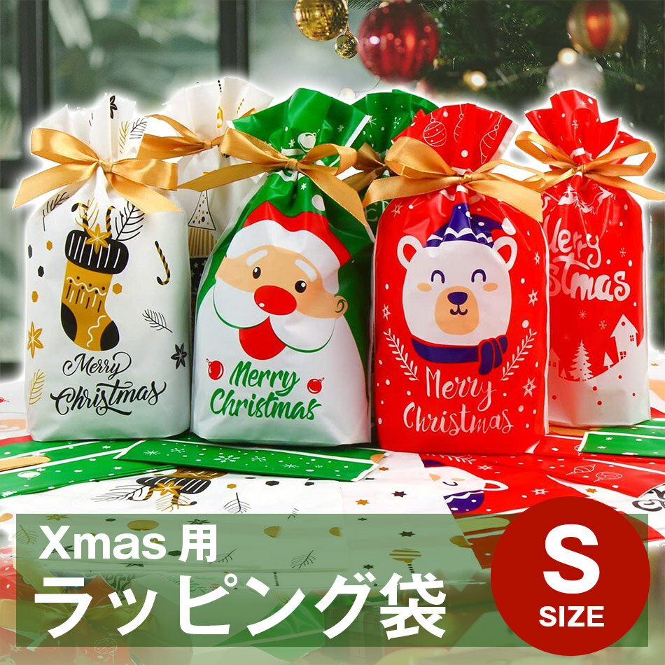 クリスマス ラッピング 袋 S 小 Xmas 23×14.5cm 1枚 少量 らっぴんぐ バッグ プレゼント パーティー 用 包む 巾着 休日 ギフト 小物 包装 リボン付き 2025 アソート お菓子