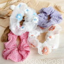 《送料無料》ちりめん生地とガーゼ生地のシュシュ2個セット ヘアゴム お花 刺繍