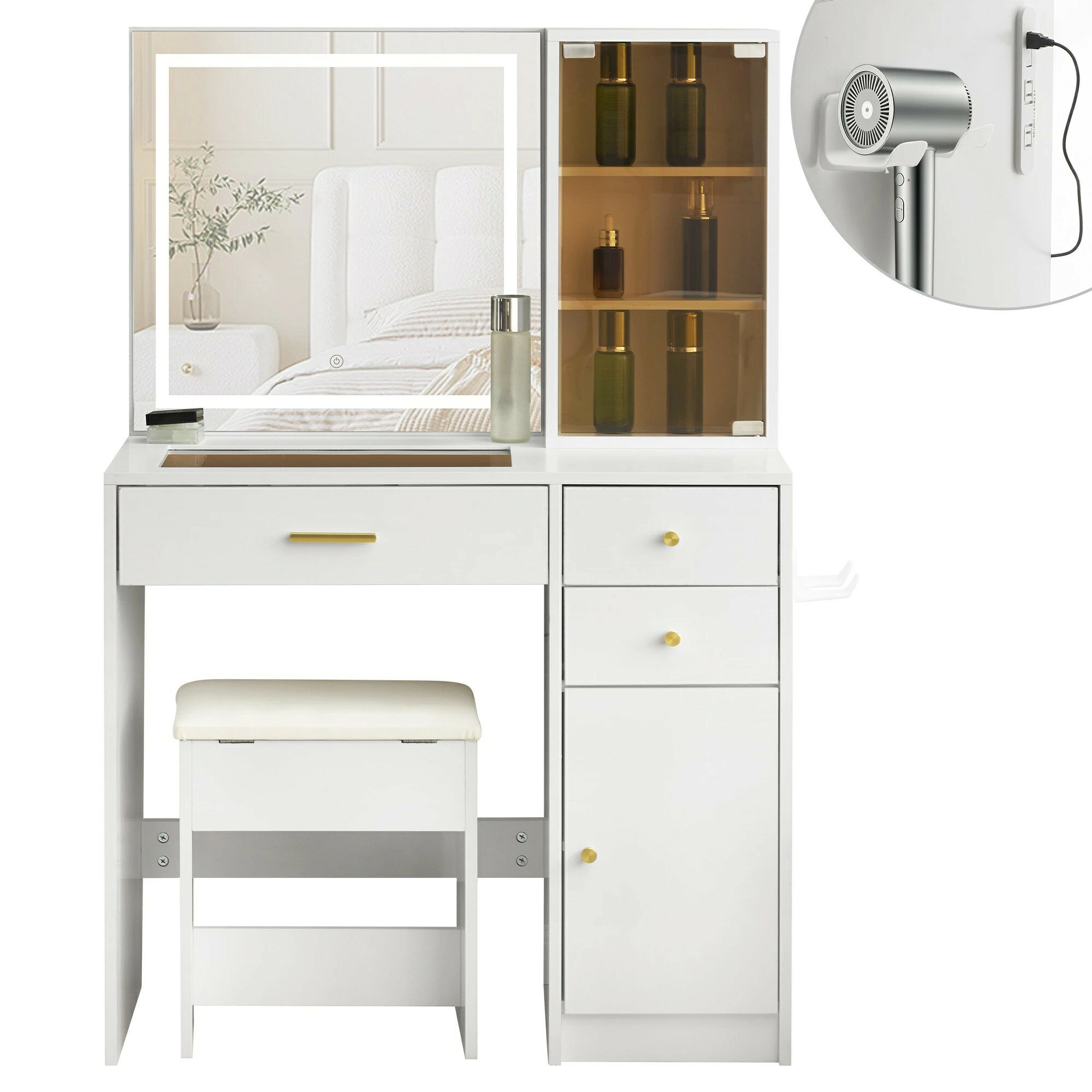 ドレッサー スツール付き 化粧台 コンセント付き ドライヤーホルダー テーブル 大容量収納 鏡台 ライト..