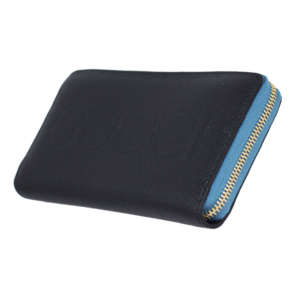 グッチ 財布 メンズ レディース GUCCI ラウンドファスナー長財布 エンボスロゴ レザー ブラック×ブルー系 アウトレット 658691 0AAAZ 1199