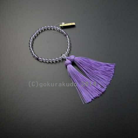 女性用略式数珠7ミリ 透明ガラス 2天紫色入り 正絹頭付き藤色房