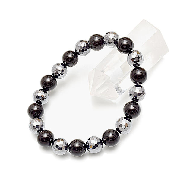 『テラヘルツ(ミラーボールカット玉)×ブラックトルマリン』ブレスレット10ミリ玉天然石ブレスレット シルバーブレスレット 銀色ブレスレット 数珠ブレスレット 健...
