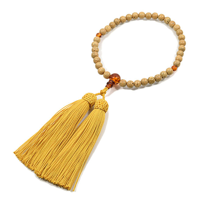 【数珠】『星月菩提樹／琥珀（アンバー）』仕立て 7ミリ玉女性用数珠【京念珠】（正絹房仕様）女性用略式数珠 高級数珠 八宗用数珠 片手数珠 念珠 京念珠 京都 全宗旨用数珠 木製数珠 琥珀数珠 菩提樹数珠