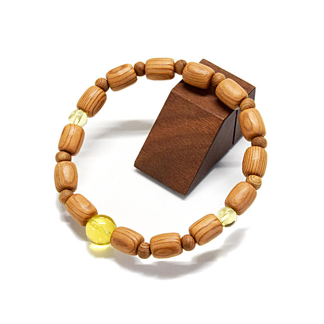 『屋久杉ブレスレット』屋久杉俵型-黄水晶仕立て【俵型仕様（俵は実になる⇒祈願成就）】【当店限定品】念珠 木製 腕輪 厄除け 数珠ブレスレット 厄除け祈願 縁起物 魔除け お守り きれい おしゃれ 商売繁盛