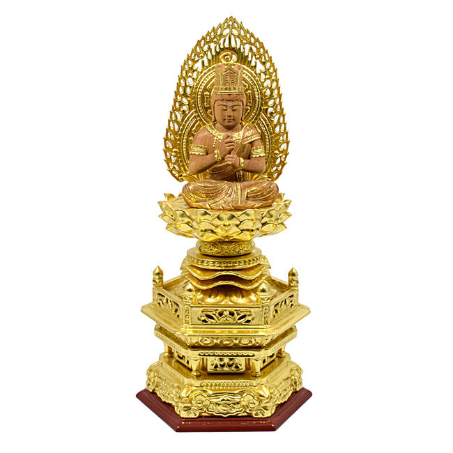 【仏像】白檀製仏像「大日如来」2寸(総丈24cm) 国産/白檀材/純金仕様★アウトレット特別価格★　◆訳あり◆希少な白檀で製作した豪華なお仏像です。仏壇用仏像　大日如来像 真言宗仏像 木製仏像 金箔仏像のサムネイル