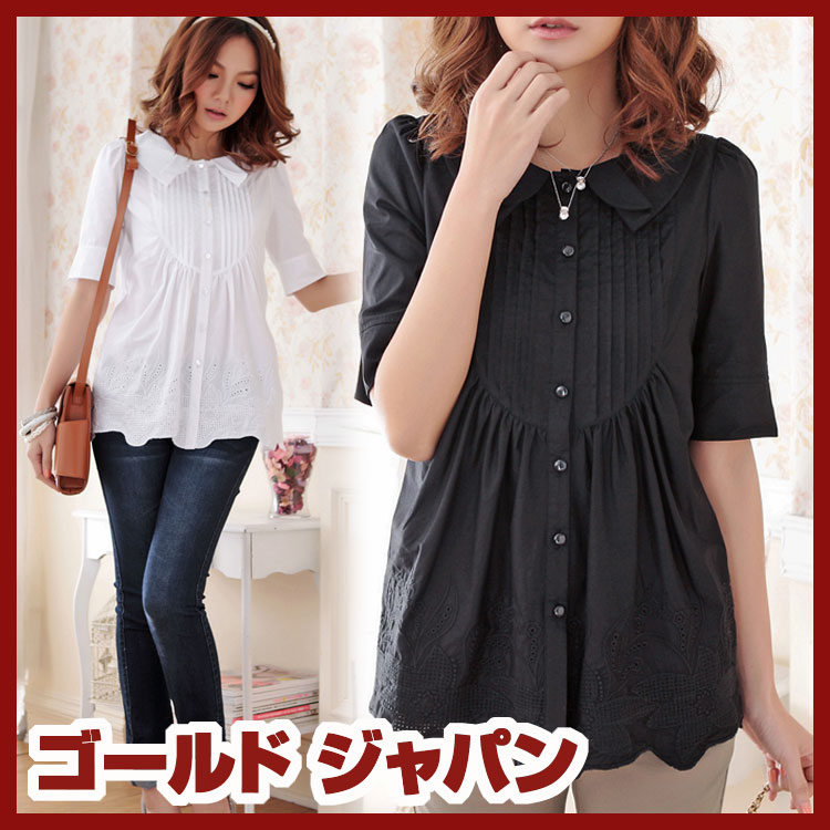 【メール便可】大きいサイズ レディース ブラウス blouse トップス tops レディス 半袖 半そで 黒 ブラック black 白 ホワイト white 無地 綿 コットン 襟付き 7分袖 七分袖 カジュアル ladies 女性用 レデイース Lサイズ 11号 LLサイズ 2L LL 13号 3Lサイズ 3L 15号 4L 17号