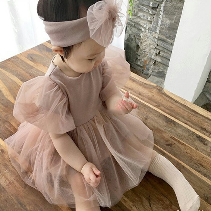 ベビー ワンピース ロンパース 半袖 66 73 80 90 春 セレモニードレス チュール ヘアバンド付き ベビードレス 女の子 結婚式 フォーマル ハーフバースデー お宮参り お食い初め