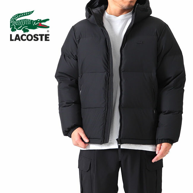 ラコステ アウター メンズ Lacoste ラコステ バックステッチロゴ モノクロ ショート ダウンジャケット BH4484L 黒 フード付き メンズ