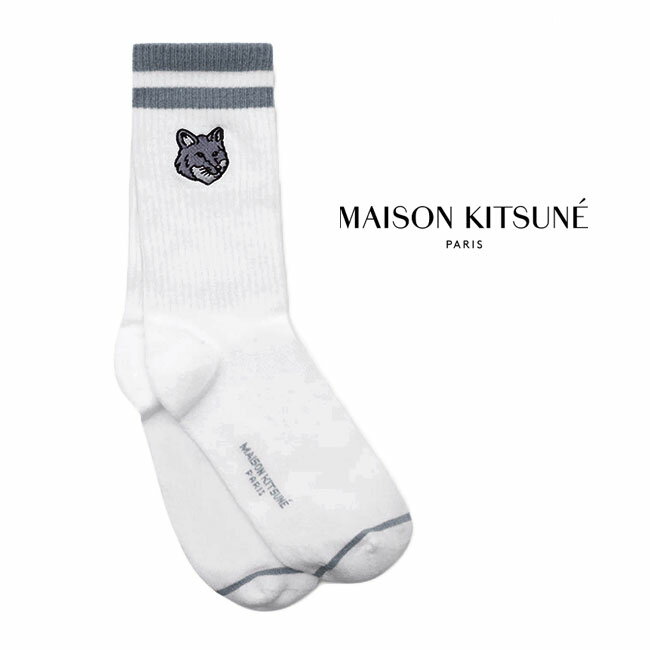 Maison Kitsune メゾンキツネ ライン入り ボールド フォックスヘッド スポーティ ソックス KT0014 靴下 白 メンズ レディース ギフト プレゼント