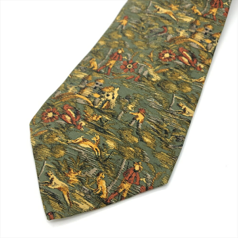 フェラガモ Ferragamo ネクタイ シルク 148cm グリーン 古着系 絵画風 ヴィンテージ カントリー 9.5cm幅 メンズ【中古】