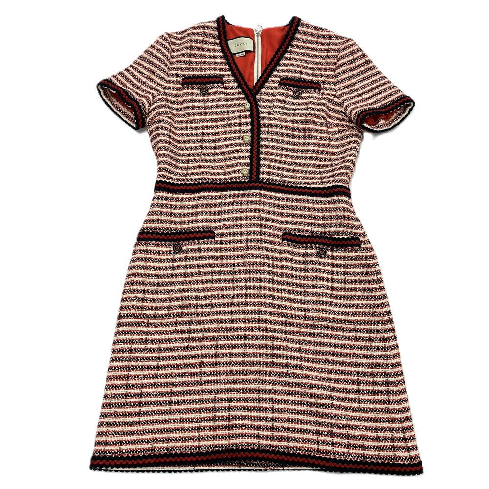 グッチ GUCCI ツィード 半袖 ワンピース 497622 レッド 46 レディース【中古】